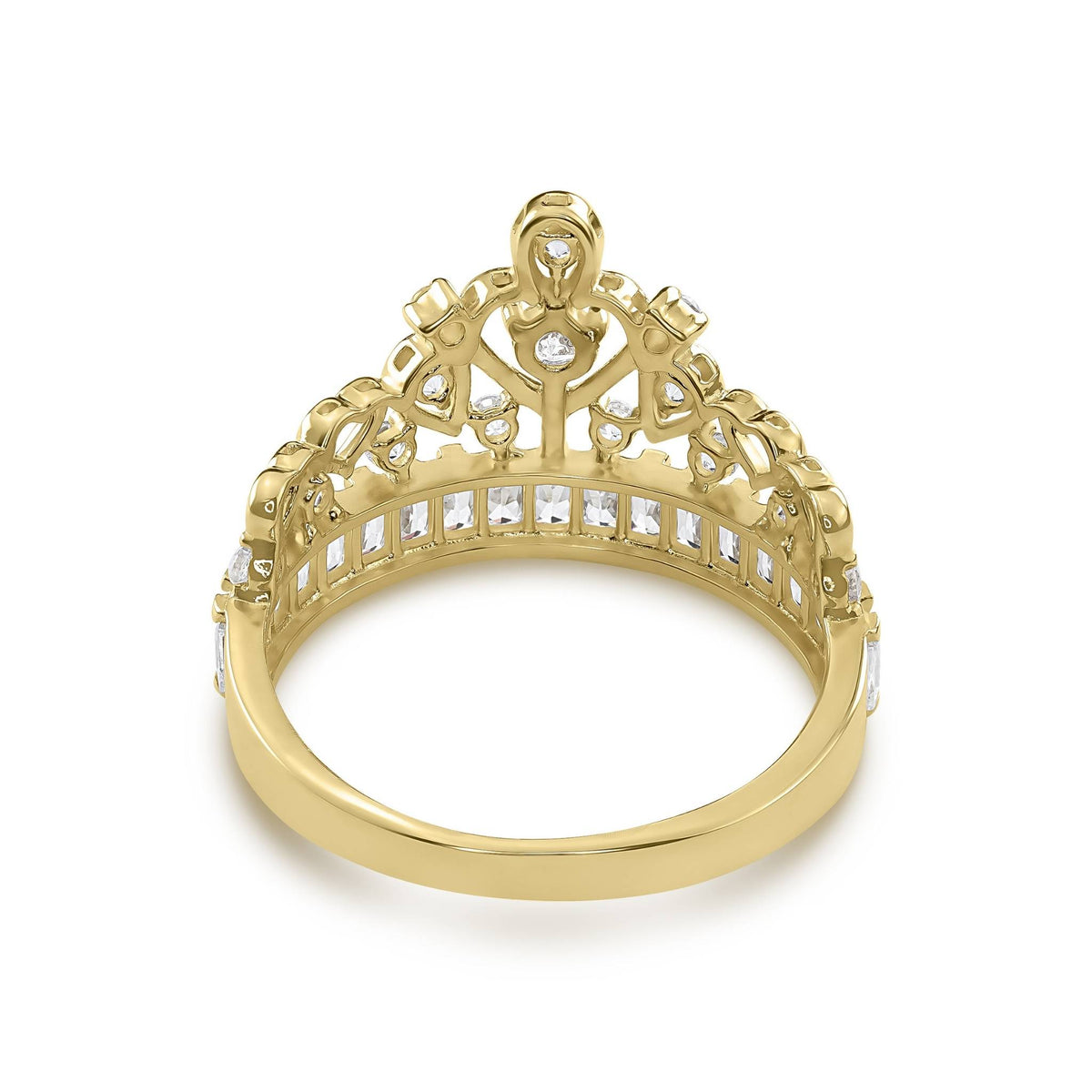 Rear angle of a 14k gold crown band ring revealing the hollow filigree structure.