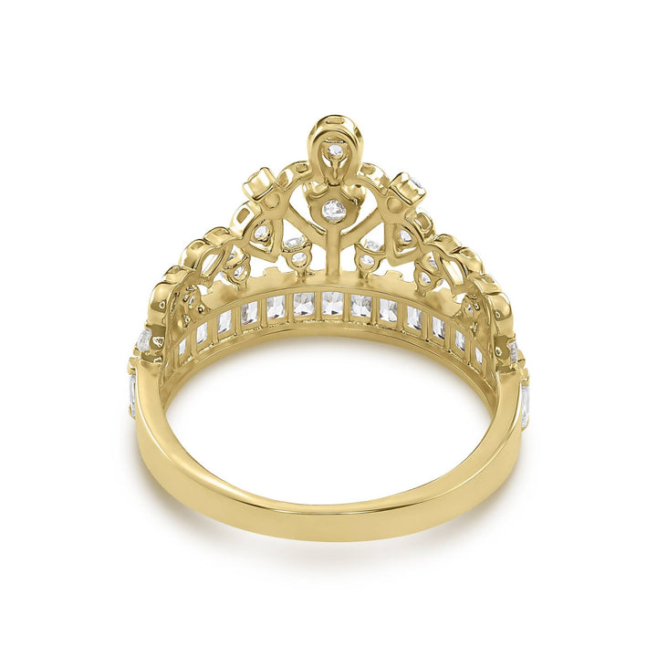 Rear angle of a 14k gold crown band ring revealing the hollow filigree structure.