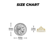 Size chart comparing a gold tiara crown ring to a US quarter coin.