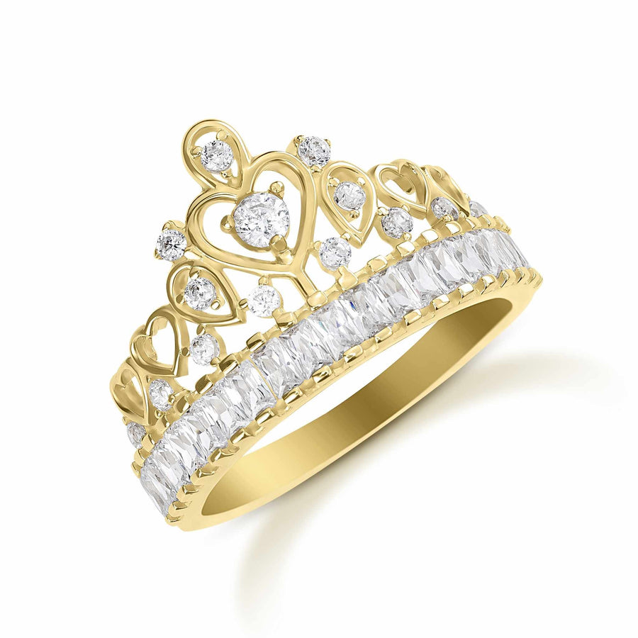 Gold tiara-style crown ring with sparkling princess-cut cubic zirconia stones on white background.