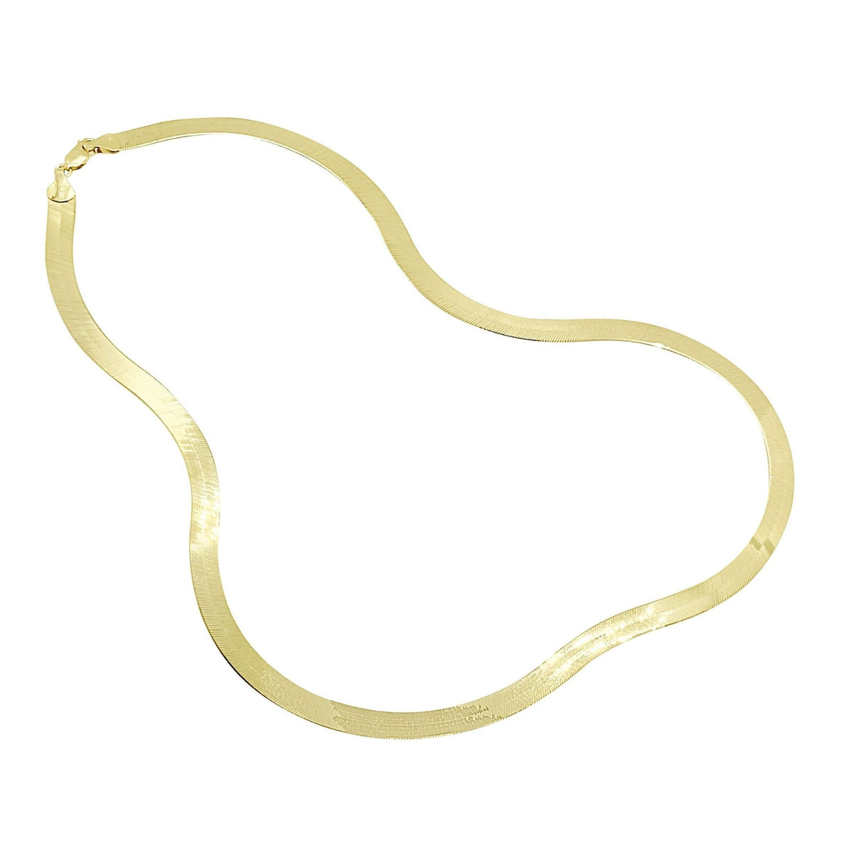 Curved layout view of a 14k gold lightweight herringbone chain (hollow) on a white background.