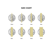 Size guide showing 14k lightweight flat herringbone chain thicknesses placed over US quarter coins on a white background.