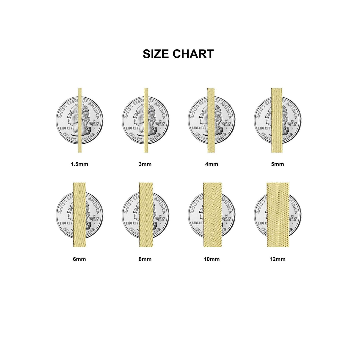 Size guide showing 14k lightweight flat herringbone chain thicknesses placed over US quarter coins on a white background.