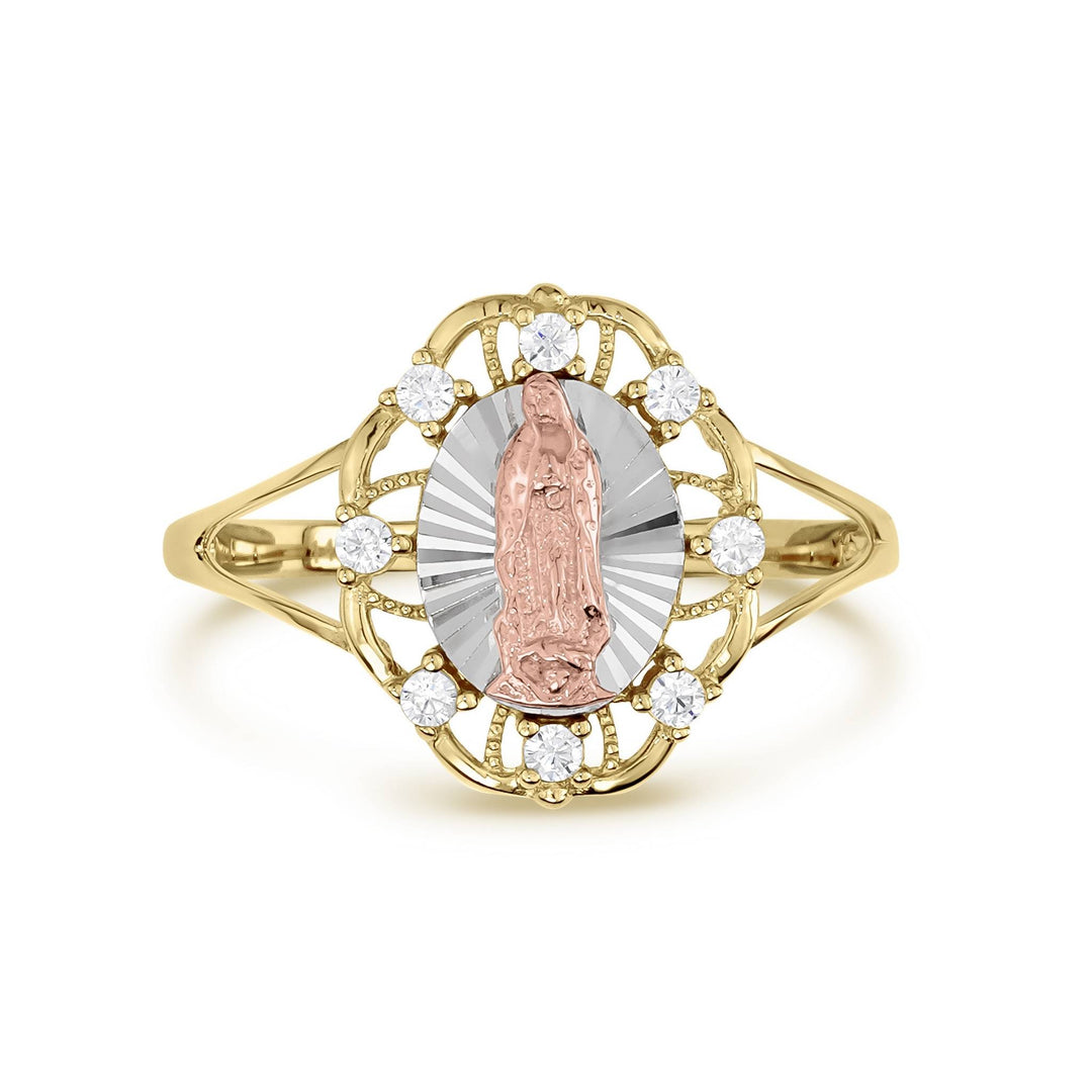 Front view of tricolor 14k gold Virgin Mary oval ring with clear CZ stones.
