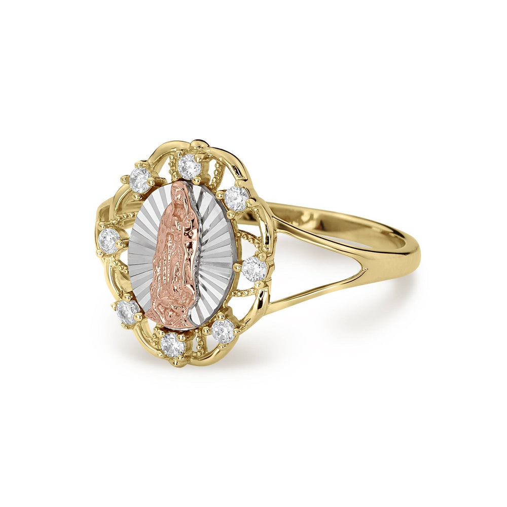 14k tricolor gold Lily Our Lady of Guadalupe ring side view with CZ accents.