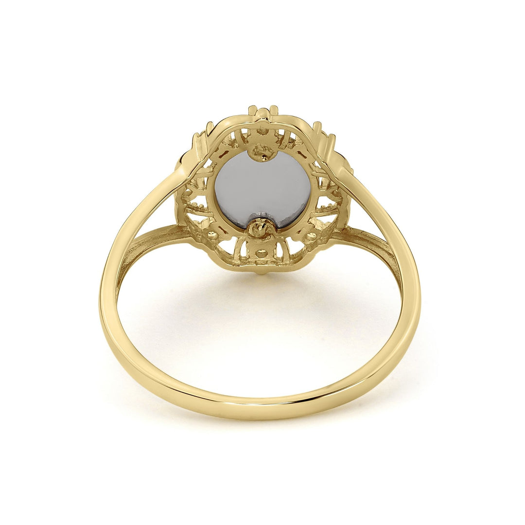 Back and inner band view of 14k gold Lily Virgin Mary tricolor ring.