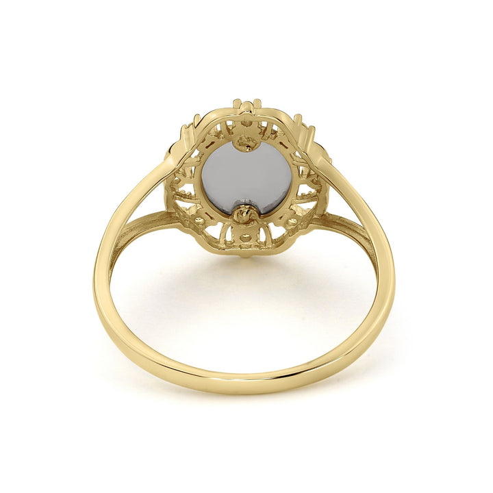 Back and inner band view of 14k gold Lily Virgin Mary tricolor ring.
