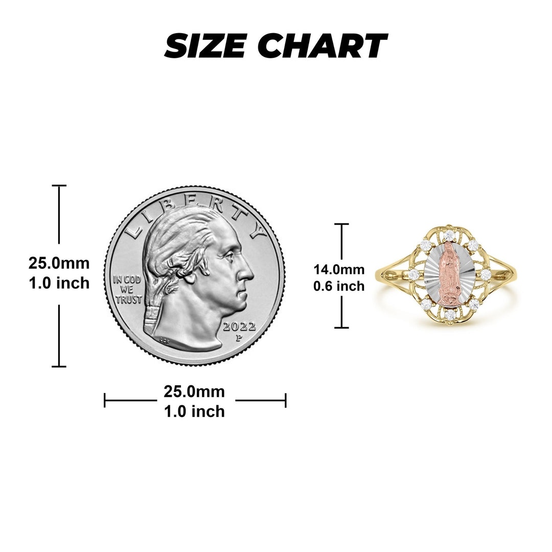 14k Gold Lily Our Lady of Guadalupe oval tricolor ring size chart with measurements.