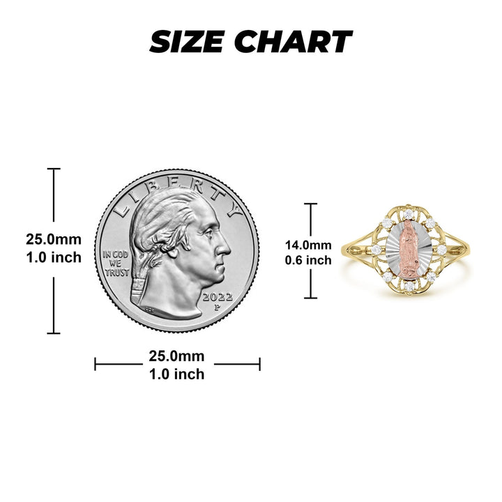 14k Gold Lily Our Lady of Guadalupe oval tricolor ring size chart with measurements.
