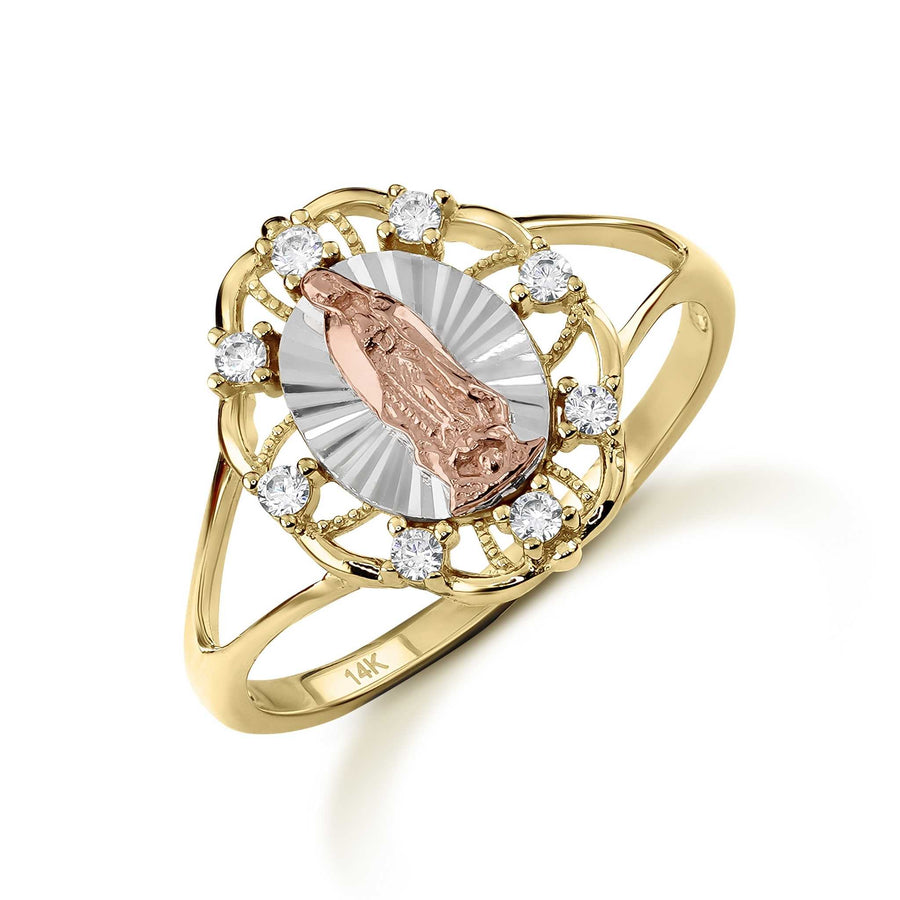 14k Gold Lily Our Lady of Guadalupe oval tricolor ring with cubic zirconia stones.