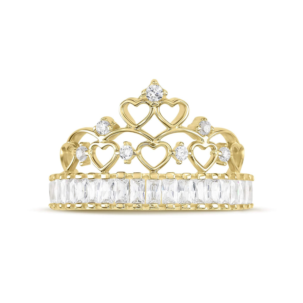 14k gold Lisa crown cubic zirconia ring showcasing heart filigree and princess-cut stones.