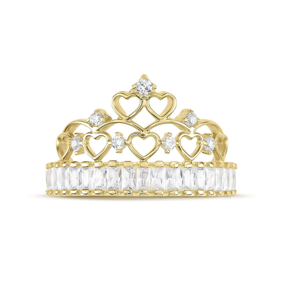 14k gold Lisa crown cubic zirconia ring showcasing heart filigree and princess-cut stones.