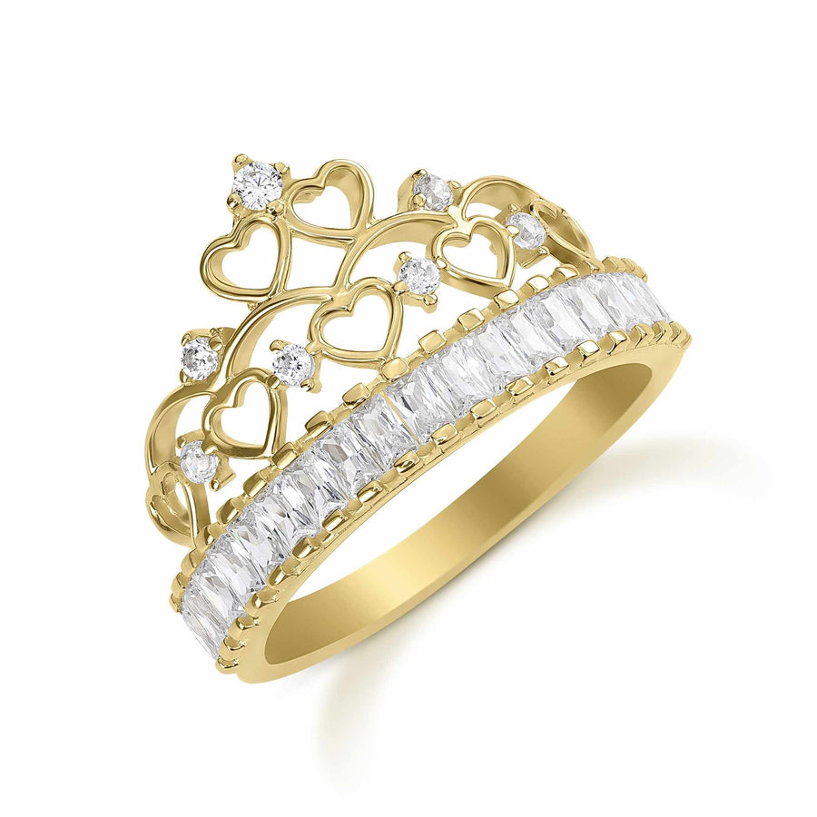 Side angle of 14k gold Lisa crown cubic zirconia ring on white background.