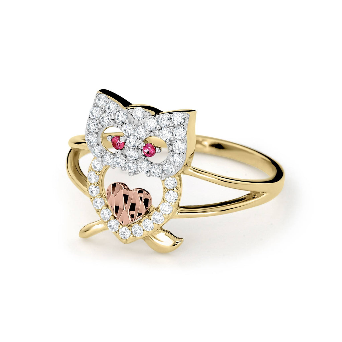 Two-tone gold owl ring featuring white crystal accents and a rose gold heart.