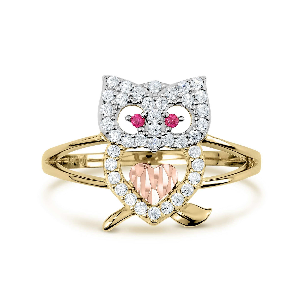 Two-tone gold owl ring featuring a rose gold heart and white crystal body.