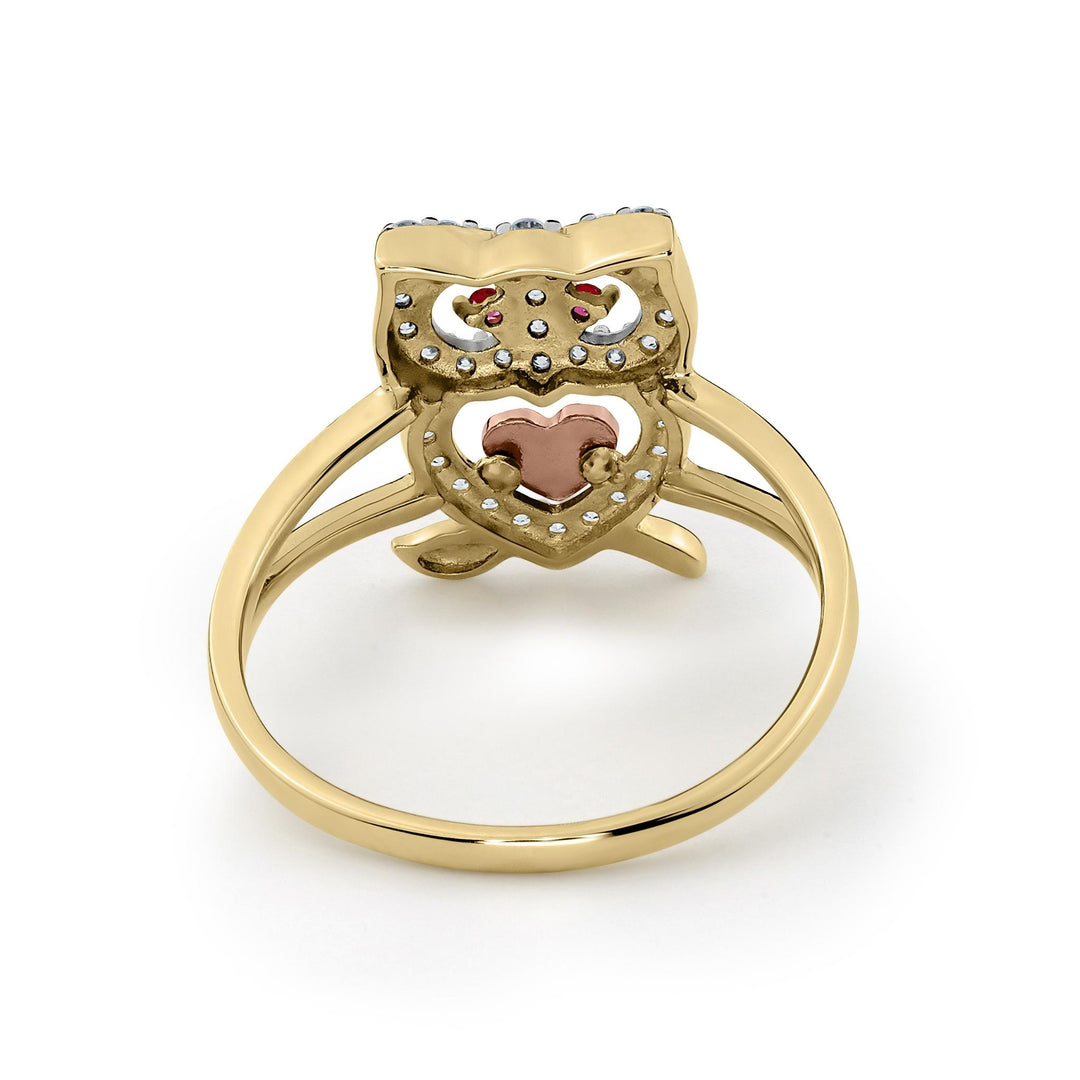 Back view of 14k gold mini owl two-tone CZ ring showing band structure.