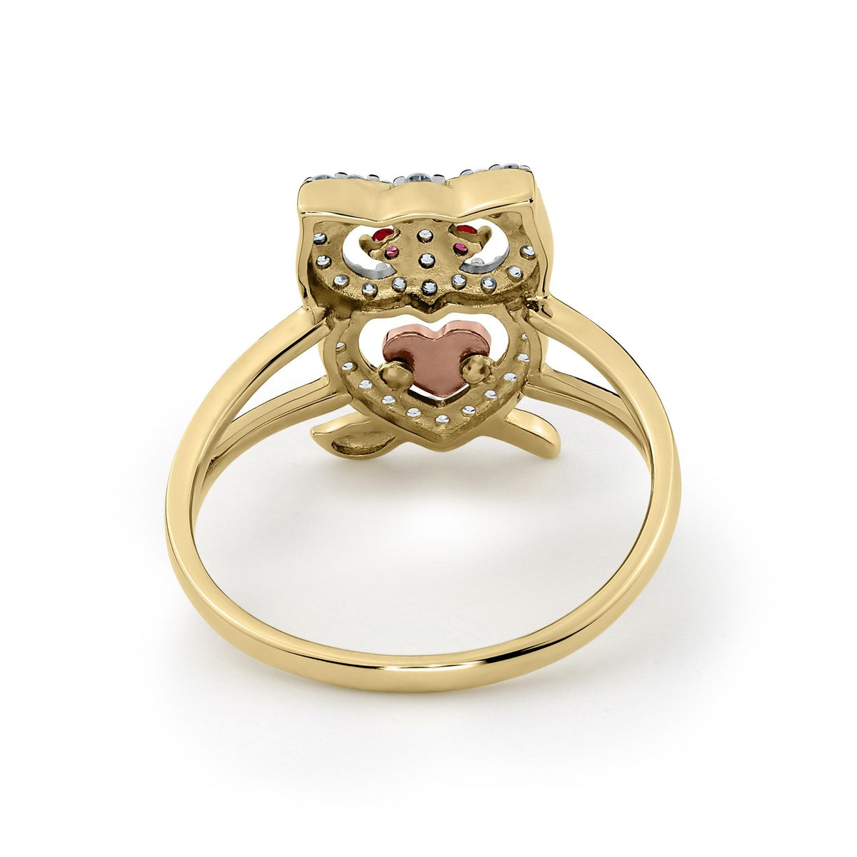 Back view of 14k gold mini owl two-tone CZ ring showing band structure.