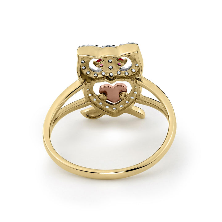 Back view of 14k gold mini owl two-tone CZ ring showing band structure.