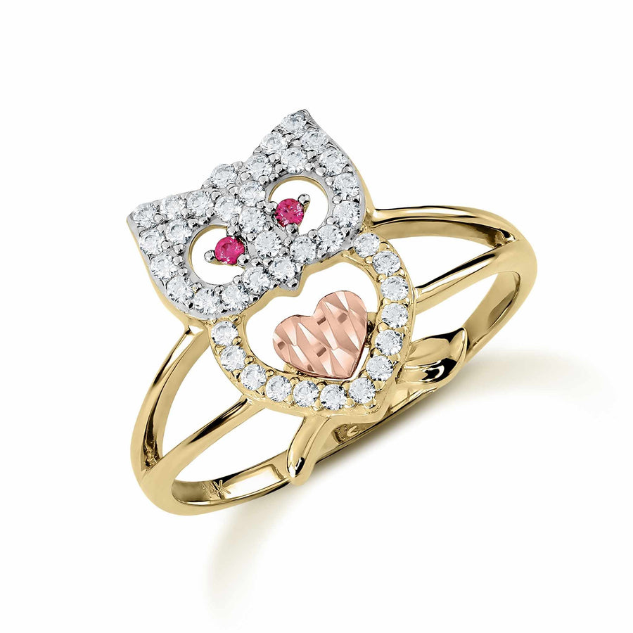 14k gold mini owl two-tone CZ ring with red and white stones.