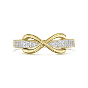 Front view of a 14k gold infinity ring with pave-set cubic zirconia on a white background.