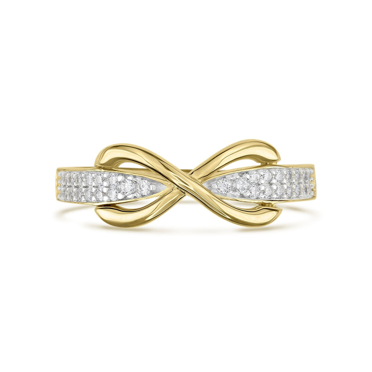 Front view of a 14k gold infinity ring with pave-set cubic zirconia on a white background.