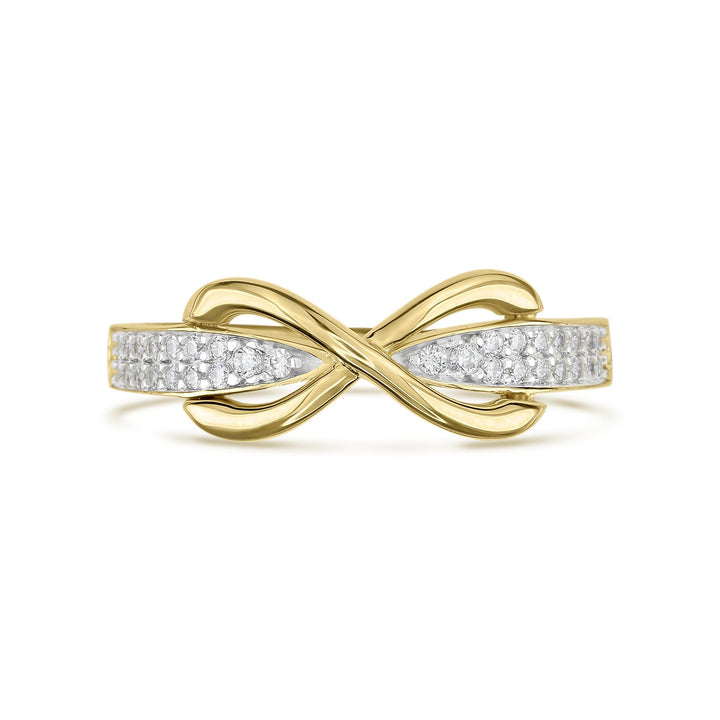 Front view of a 14k gold infinity ring with pave-set cubic zirconia on a white background.