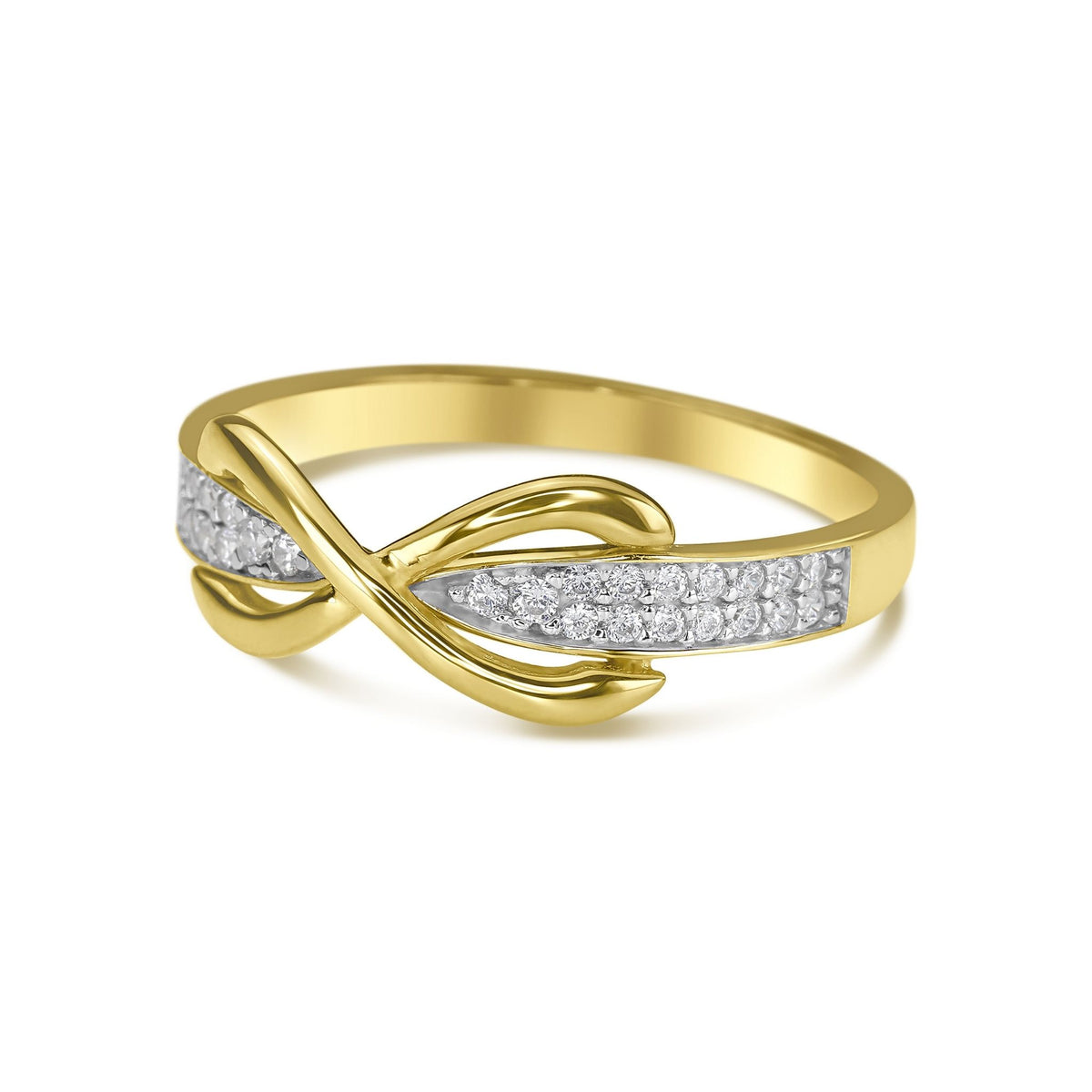 A yellow gold ring featuring an overlapping infinity loop design paved with cubic zirconia