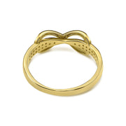 Back angle of a 14k gold infinity ring highlighting the hollowed interior design.