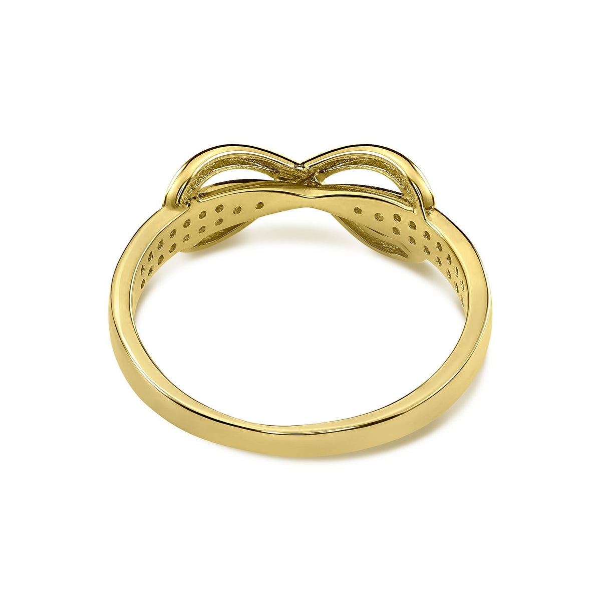 Back angle of a 14k gold infinity ring highlighting the hollowed interior design.