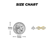 Ring size chart showing a 6.5mm gold infinity ring next to a silver quarter
