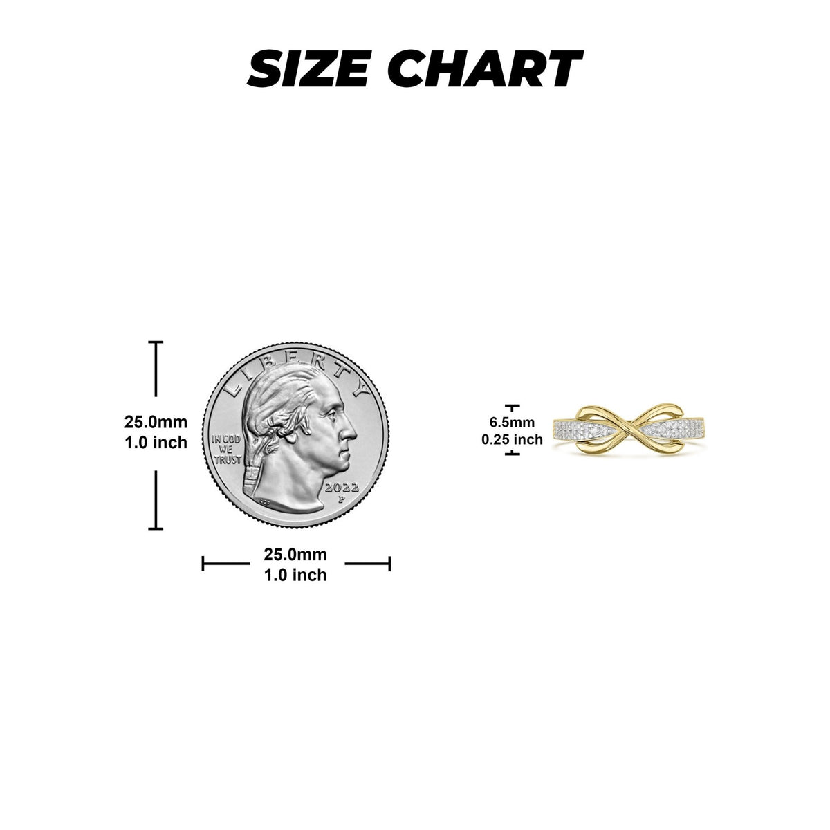 Ring size chart showing a 6.5mm gold infinity ring next to a silver quarter