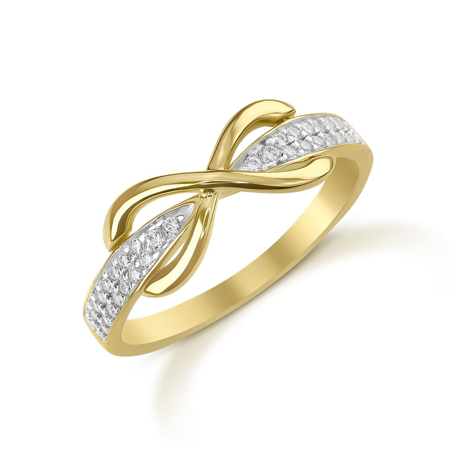A 14k gold infinity-shaped ring studded with glittering cubic zirconia on a white background