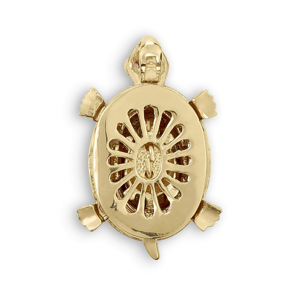 Back view of the 14k tricolor gold turtle pendant showing its solid polished reverse shell.
