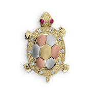 14k tricolor gold turtle pendant featuring a segmented shell and sparkling crystal border.