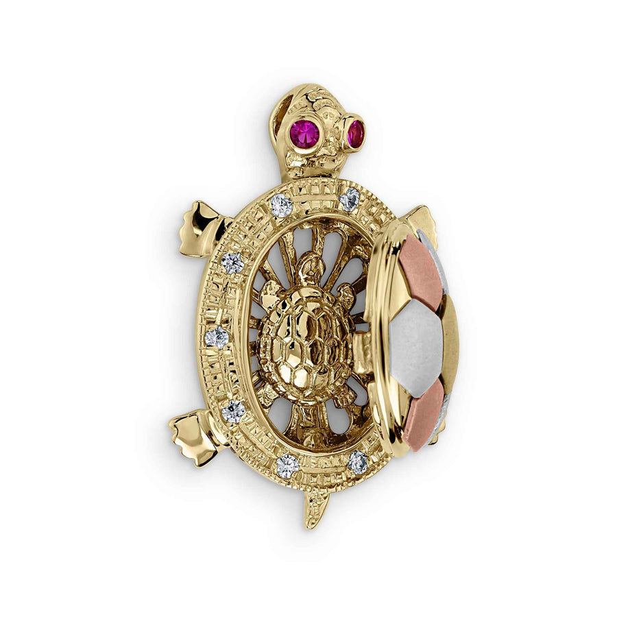 14k tricolor gold turtle pendant with an opening shell revealing a detailed baby turtle.