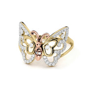 Symmetrical front view of a 14k gold Mary butterfly ring with shimmering CZ stones.