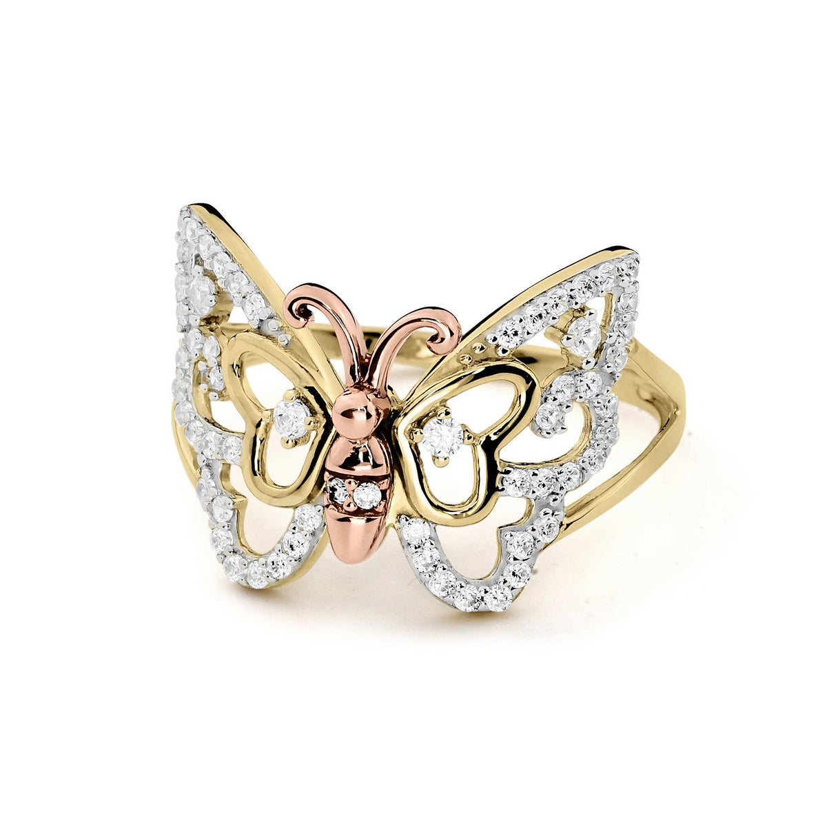 Symmetrical front view of a 14k gold Mary butterfly ring with shimmering CZ stones.