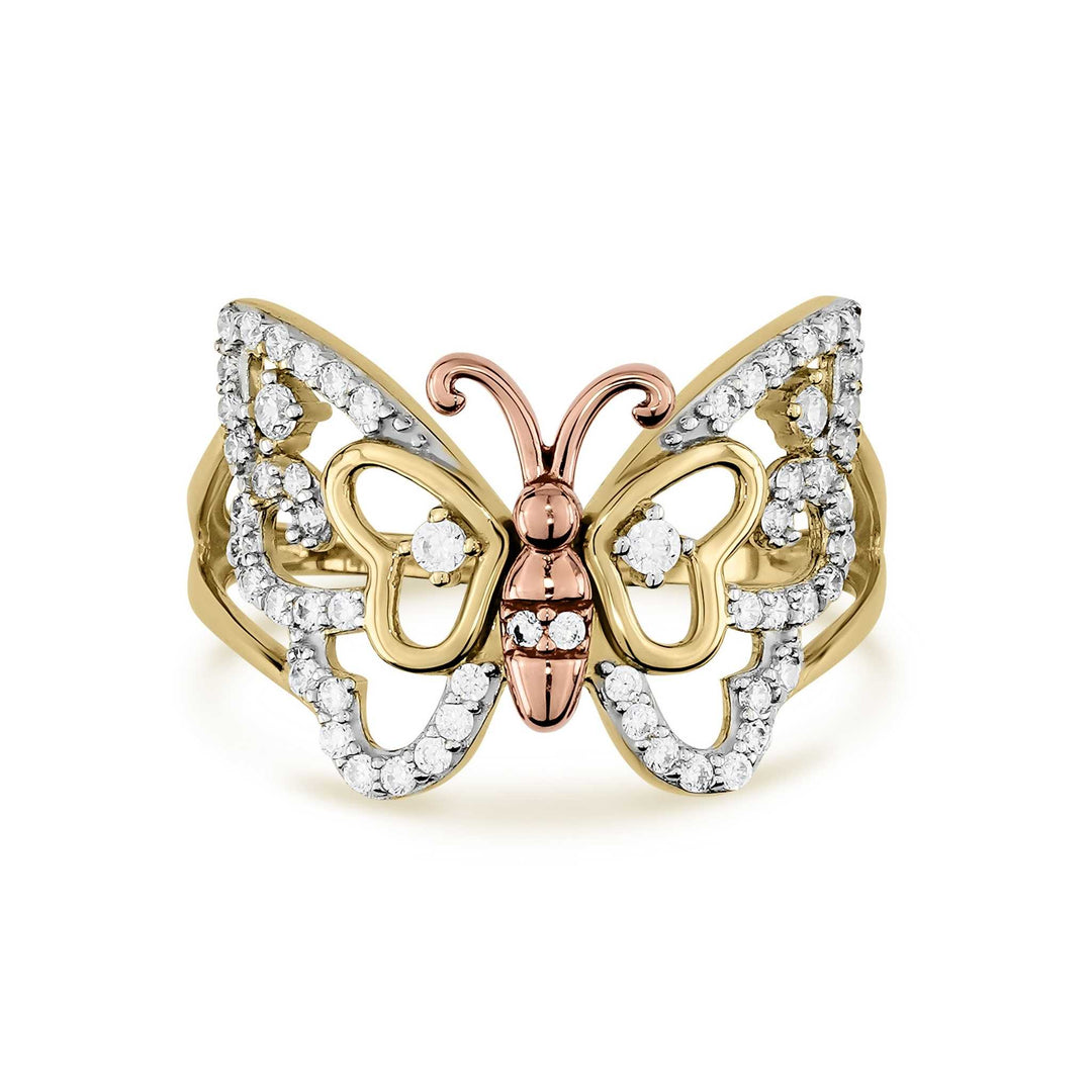 Two-tone 14k yellow gold Mary butterfly ring featuring diamond-cut rose gold body details.