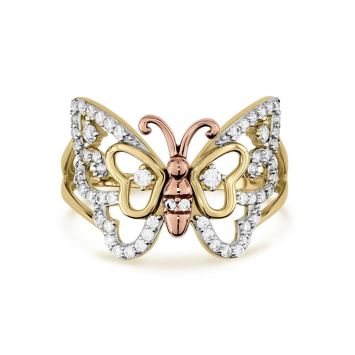 Two-tone 14k yellow gold Mary butterfly ring featuring diamond-cut rose gold body details.