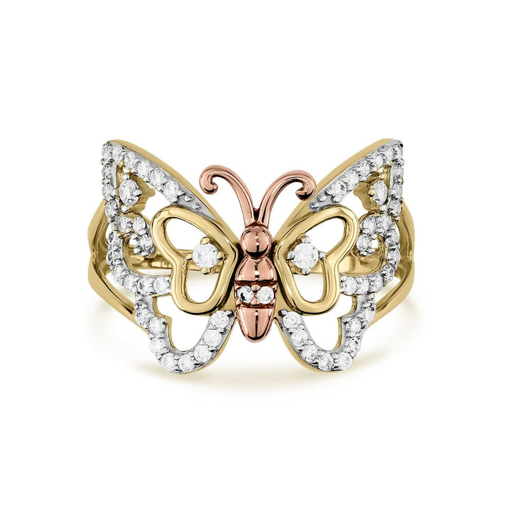 Two-tone 14k yellow gold Mary butterfly ring featuring diamond-cut rose gold body details.