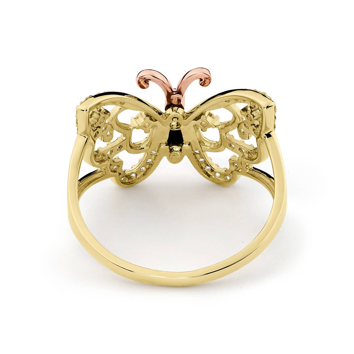 Back and inner band view of 14k gold Mary butterfly ring