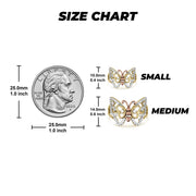 14k Gold Mary Butterfly CZ ring size guide showing millimeter dimensions with a quarter