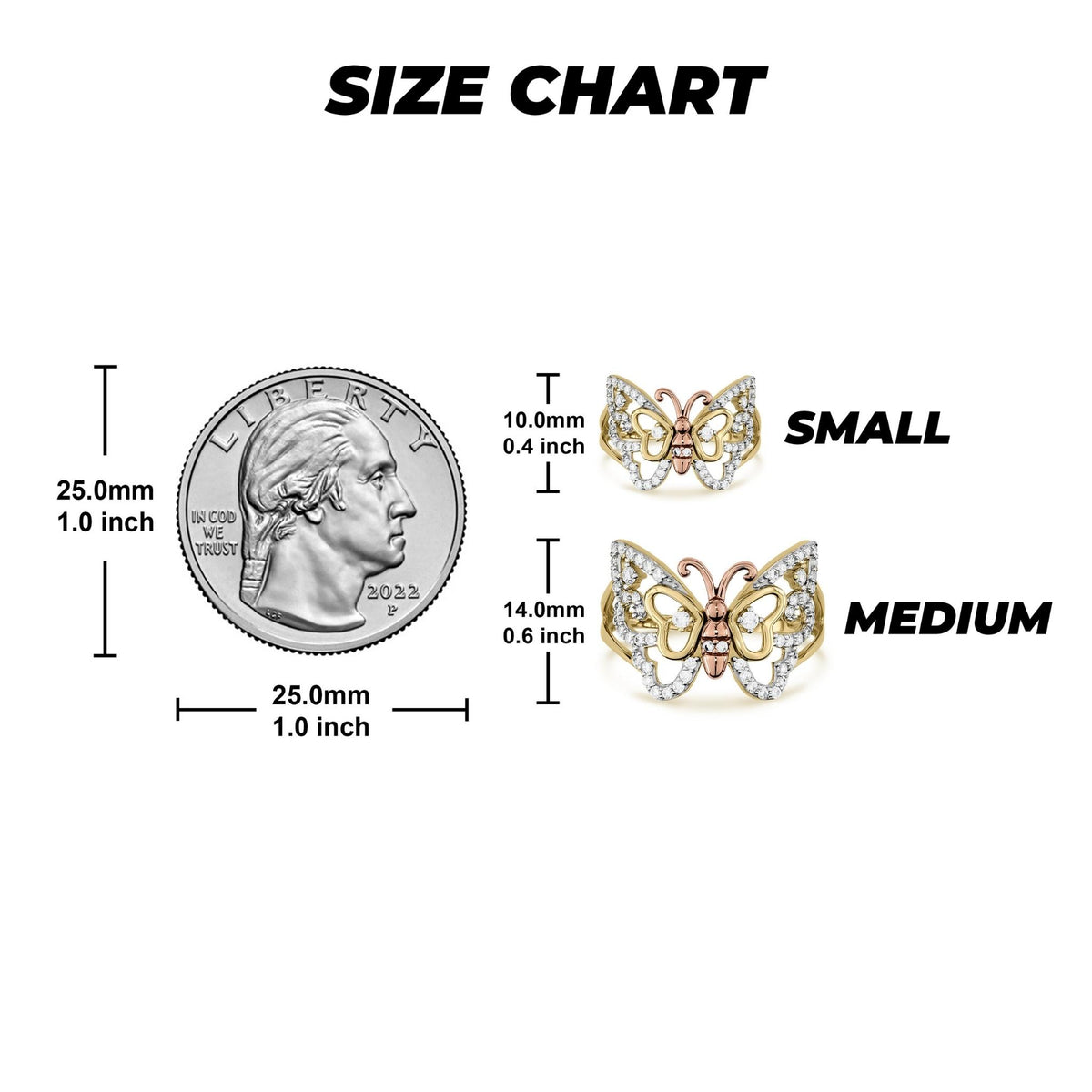 14k Gold Mary Butterfly CZ ring size guide showing millimeter dimensions with a quarter