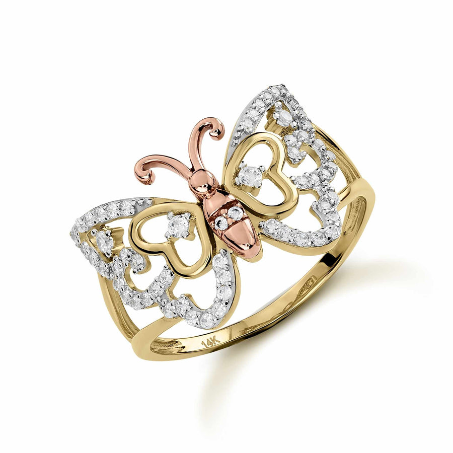 14k Gold Mary Butterfly two-tone yellow and rose gold ring with cubic zirconia wings.