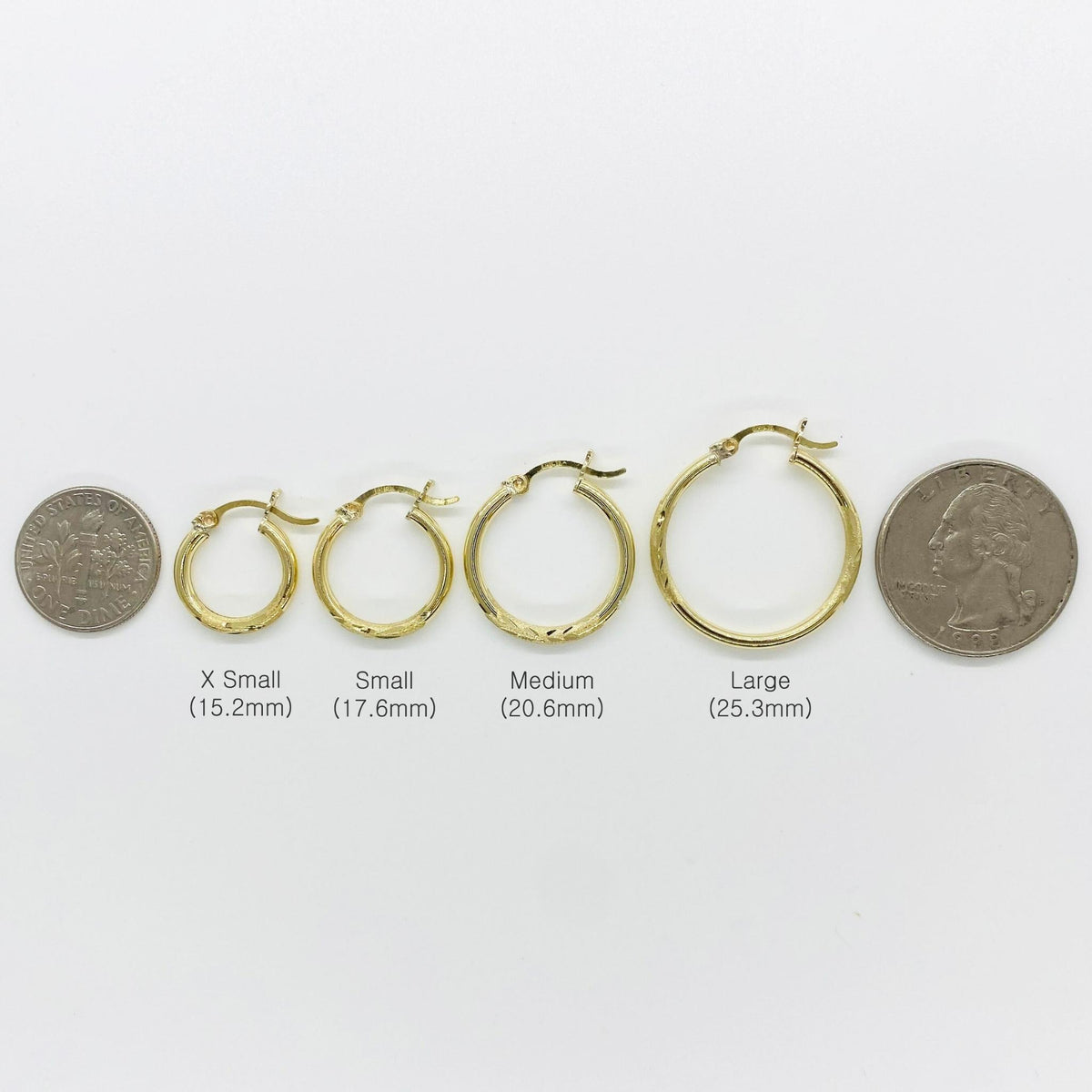 Scale reference for 14k gold matte round hoop earrings ranging from 15.2mm to 25.3mm.