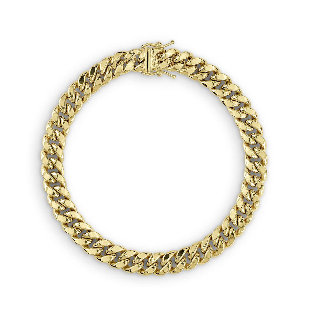 14k gold hollow Miami Cuban chain bracelet with a polished finish and box lock clasp.