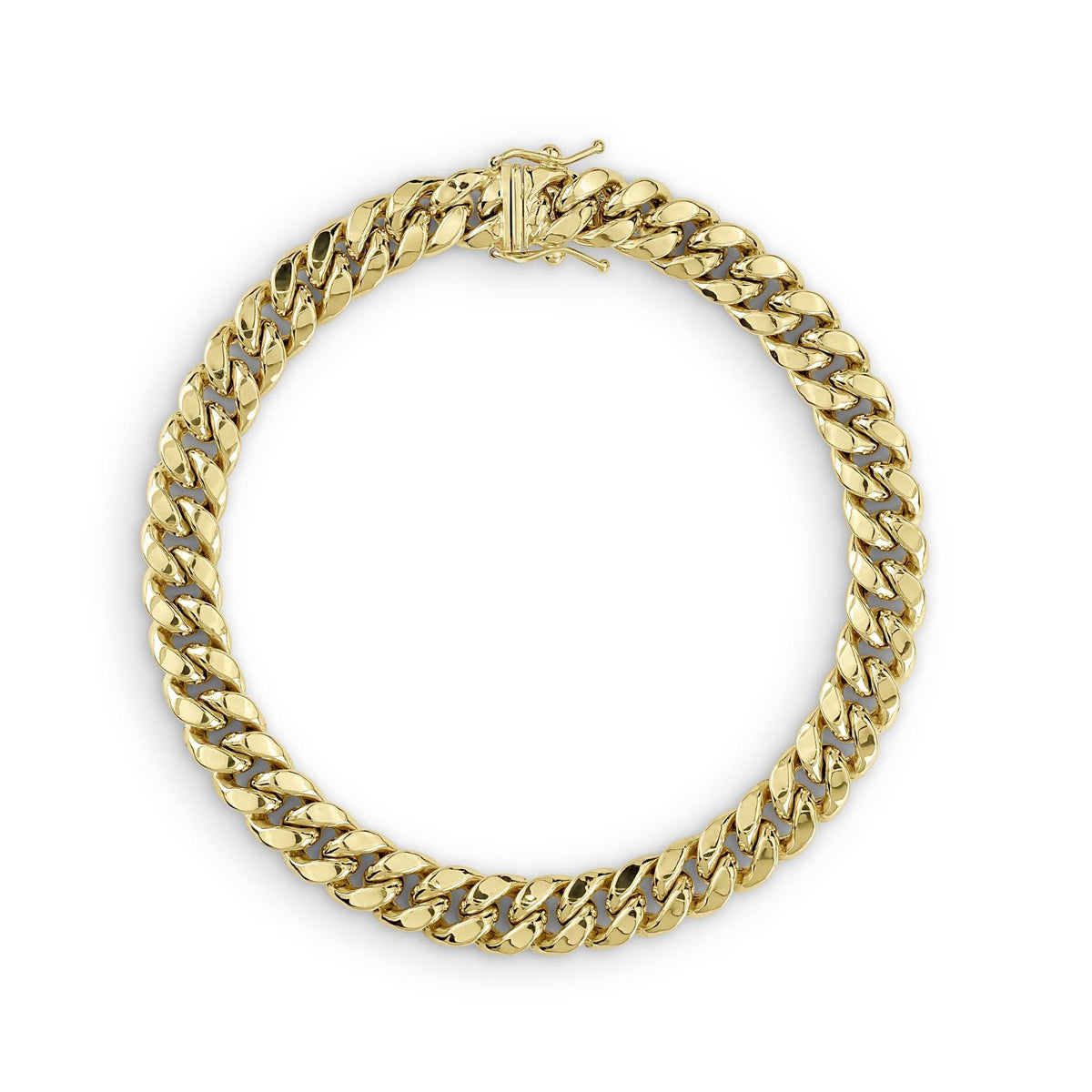 14k gold hollow Miami Cuban chain bracelet with a polished finish and box lock clasp.