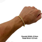 6.0mm 14k gold Miami Cuban chain bracelet on a 6.5 inch model wrist.