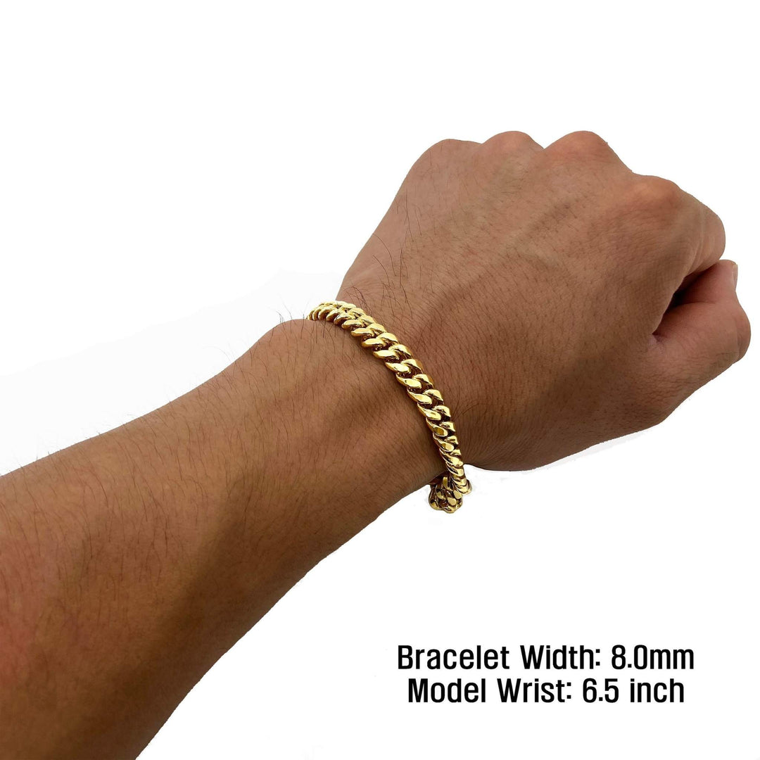 8.0mm 14k gold Miami Cuban chain bracelet on a 6.5 inch model wrist.