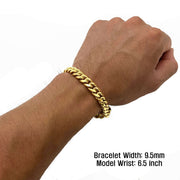 9.5mm 14k gold Miami Cuban chain bracelet on a 6.5 inch model wrist.